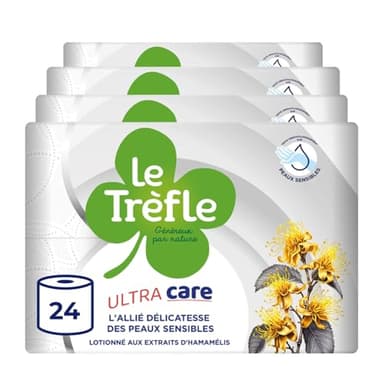 Le Trèfle Ultra Care Papier Toilette 4 Épaisseurs – 24 Rouleaux, 115 Feuilles par Rouleau, Enrichi en Lotion aux Extraits d’Hamamélis, Testé Dermatologiquement pour Peaux Sensibles, Blanc