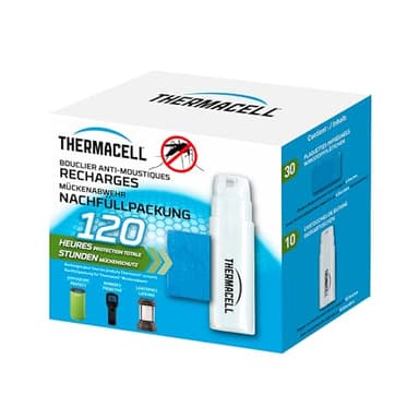 THERMACELL Recharge Anti Moustiques et Moustiques Tigres - Protection Efficace 20m²- Compatible avec Diffuseurs, Nomades et Lanternes - Durée 120h, 10 Cartouches Gaz + 30 plaquettes