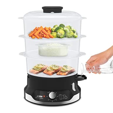 Seb Ultracompact Cuiseur vapeur, Cuisson saine, 9 L, 800 W, 3 bols empilables, Bac à riz et céréales, Minuteur 60 min, Arrêt automatique, Niveau d'eau visible, Facile à ranger VC204800