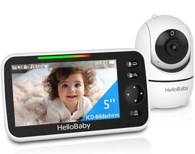 HelloBaby Babyphone Caméra, 5'' Écran 30 Heures Batterie, Rotation de 355° Camera Bébé Surveillance Vidéo, sans WiFi, Vision Nocturne, ECO, Température, Talkie-Walkie, 8 Berceuses, 305m Longue Portée