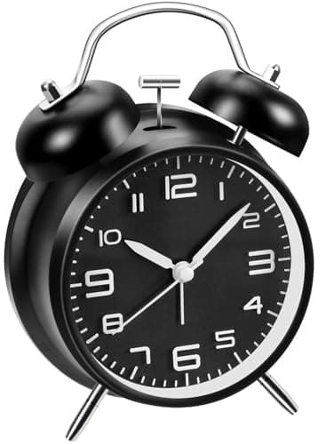 Réveil fort pour adultes dormeurs lourds, en métal de 10,2 cm, double cloche à piles pour décoration de chambre, silencieux, sans tic-tac (noir)
