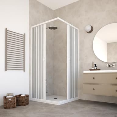 HDcasa Cabine de douche d'angle en PVC, modèle Paola, double porte réversible et réductible, ouverture latérale avec profilés blancs, cabine gain place fabriquée Italie, blanc 70 x 185 cm