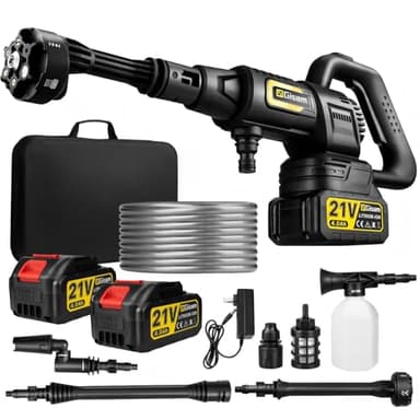 Nettoyeur Haute Pression sans Fil, Pressure Washer 3 Modes Max 65 Bars, Nettoyeur Haute Pression Mobile avec 2 Batteries 4,0 Ah, Buse Pivotante 6 en 1 Et 180°,Tuyau De 5 M,Nettoyage Arrosage
