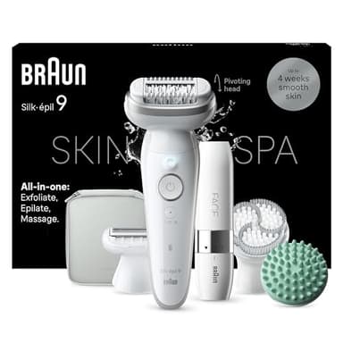 Braun Silk-épil 9 SkinSpa, Épilateur Avec Tête Pivotante Pour Épilation Facile, Étanche, Peau Douce Longue Durée, Kit Tout-En-Un, Avec Mini-Rasoir Pour Le Visage, 9-381, Blanc/Argent