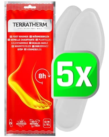 TerraTherm Semelles chauffantes - activé par l'air – Chaleur jusqu'à 8 Heures - 5, 10 ou 30 Paires - Chauffe Pied - Chaleur 100% Naturelle, 5 Paires L