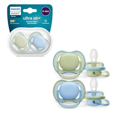 Philips Avent ultra air Sucettes, sucettes légères et aérées pour bébés âgés de 0 à 6 mois, 0% BPA, avec étui de transport stérilisateur, pack de 2, modèle SCF085/21