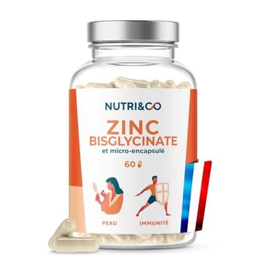 NUTRI & CO Zinc Bisglycinate Breveté TRAACS® + Sélénium - Haute Absorption 100% des AR en 1 gélule - Complément Alimentaire Immunité Peau Cheveux Fertilité - 60 gélules - Fabriqué en France