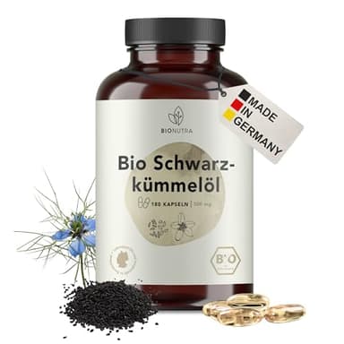 BIONUTRA® Gélules d’huile de nigelle bio hautement dosées, 1000 mg/jour, contrôlées résidus, fabrication allemande, véganes, huile de nigelle d’Égypte bio pressée à froid, 180 pièces x 500 mg