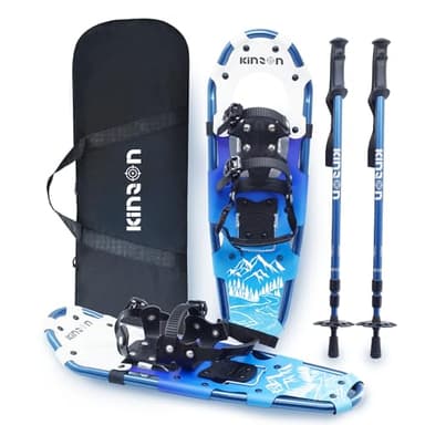 KinZon Raquettes à Neige 3 en 1, légères et Solides, avec bâtons de Trekking et Sac de Transport, Dispositif de rehaussement du talonm Parfait pour la randonnée (Bleu, 63.5cm (pour 54-86kg))