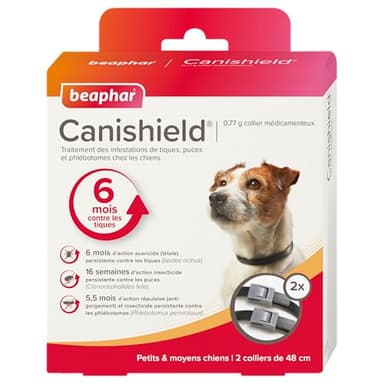 Beaphar - CANISHIELD 0,77 g – Lot de 2 colliers antiparasitaires pour petits et moyens chiens – Substance active : Deltaméthrine - Agit contre les tiques, les puces, les phlébotomes – 48 cm