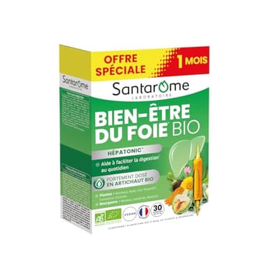 Santarome Bio – Bien-Être du Foie | Détox Foie & Digestion | Artichaut Bio, Radis Noir, Bourgeons de Cassis/Romarin/Bouleau | Complexe Hépatonic 100% Plantes & Vegan | 30 Ampoules | Made in France