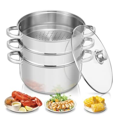 Marmite à Vapeur en Acier Inoxydable, Cuiseur Vapeur, Casserole (3 en 1), Diamètre 26 cm, avec Couvercle en Verre, Cuiseur Vapeur pour Tous Types de Cuisinières, y Compris à Induction, Argent