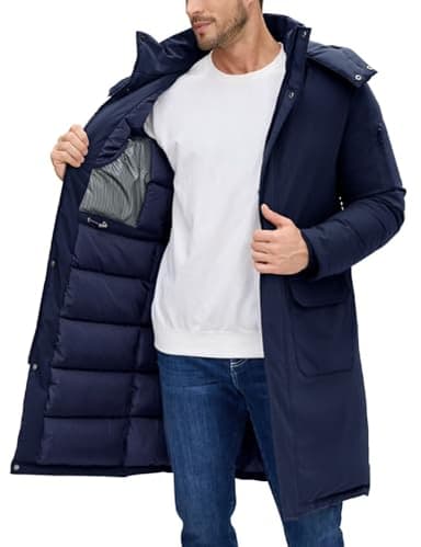 TOMEEK Manteau Homme Hiver Long Veste Homme Épaissir Chaud Longue Parka a Capuche Amovible Chaude Manteaux Blouson Zippé Décontractée Coupe-vent Veste Matelassé avec Poches(Marine,XXL)