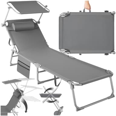 TecTake® Chaise Longue Pliante Bain de Soleil Avec Pare Soleil, Appuie-tête & Pochette - Inclinable Transat de Plage Relax Pour Jardin, Camping, Salon Exterieur
