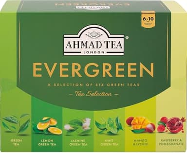 Ahmad Tea Evergreen - Assortiment de 6 thés verts - Menthe poivrée, Citron, Mangue et litchi, Framboise et grenade, Jasmin et pur vert - 60 sachets de thé arome emballés individuellement