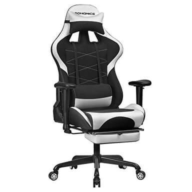 SONGMICS Fauteuil Gamer avec Repose-Pieds, Siège de Bureau Racing, Ergonomique, Coussin Lombaire, Cadre en Acier, Dossier Haut, Revêtement en PU et Polyester, Charge 150 kg, Noir et Blanc RCG52BW