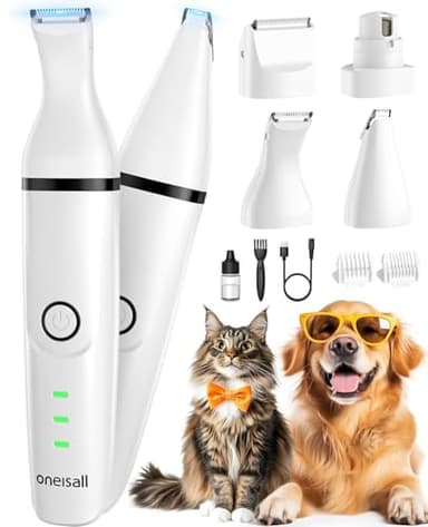 oneisall 4 en 1 Tondeuse chien set, Silencieuse Tondeuse pour chien,Sans Fil Fondeuse Toilettage pour Animaux avec 4 têtes de coupe multifonctions pour Chat et Chien (Blanc)