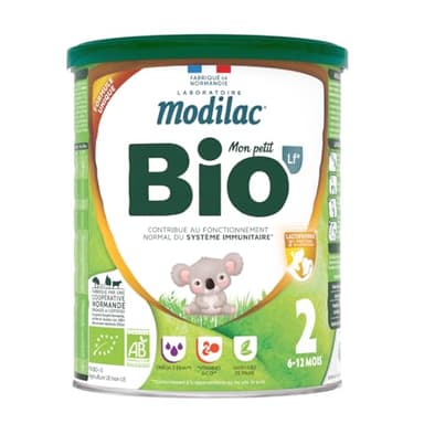 Modilac - Lait Infantile en Poudre Mon Petit Bio 2 Lf+ - Lait Écrémé 100% Français - Riche en Lactoferrine, Vitamines, DHA - Convient en Relais de l'Allaitement Maternel - de 6 à 12 Mois - 800g