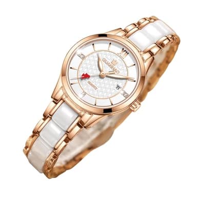 Montres en céramique blanche pour femme, montre tendance pour femme, avec bracelet en céramique, anti-rayures et étanche, avec calendrier, rose gold, Montre pour femme en céramique blanche
