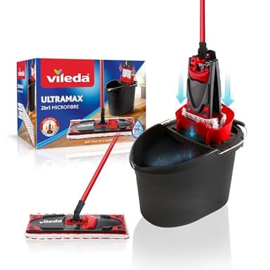 Vileda Utramax Kit Complet Balai et Seau-essoreur, Ensemble de balais à Plat avec Seau, et Housse en Microfibre, Retire Plus de 99% des bactéries avec de l'eau, Vileda Love it Clean
