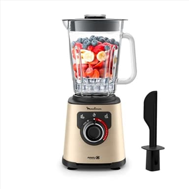 Moulinex Blender électrique, 1200 W, Bol verre capacité utile 1,5 L, Mixeur Smoothie, Technologie de lames Powelix, Haute qualité, Nettoyage facile, PerfectMix Noir/Or LM871A10