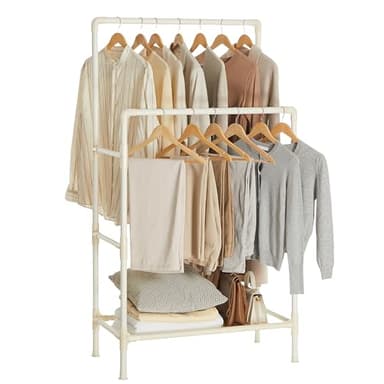 SONGMICS Portant à Vêtements Double Barre, Porte-manteau, Penderie, Organisateur, en Métal, avec Étagère de Rangement à 2 Niveaux, Charge 55 kg, Montage Facile, Blanc RDR01WT