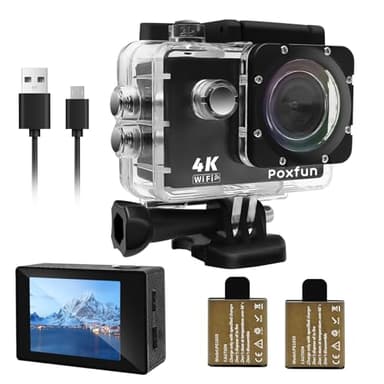 Poxfun Caméra Sport 4K, WiFi Caméra d'action Grand Angle de 170°Camera Sport Imperméable 30M, 2x1050mAh Batterie USB Rechargeable, pour Vélo/Surf/Saut/Ski