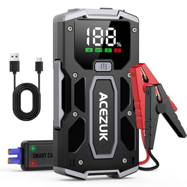 ACEZUK Booster Batterie Voiture 5000A, Démarreur de Voiture Portable (Jusqu'à 5.5L Diesel ou 7.0L Gaz), 12V Jump Starter avec 2.5 inch Écran LCD, Pinces de Sûreté Intelligentes, Lumière LED