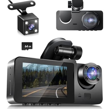 1080P Dashcam Voiture Avant et Arrière, 170° Grand Angle 3 Canaux avec Fil, SD 64GB Inclus, Vision Nocturne & Étanche, Enregistrement en Boucle 24H, G-Sensor