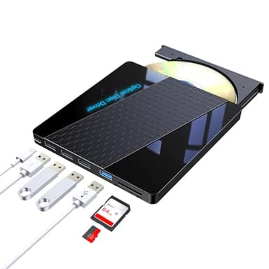 Lecteur CD DVD Externe pour PC, USB 3.0 Lecteur CD/Dvd +/-Rw portable Type C Lecteur Graveur DVD avec Lecteur de Carte SD/TF, Mince Transmission Rapide Câble USB Intégrée pour MacBook Windows 10/8/7