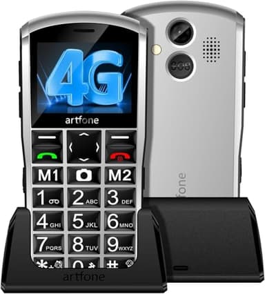 artfone A400 Argent - 4G Téléphone Senior Portable Débloqué avec Grandes Touches丨Volume très fort丨Bouton SOS丨une caméra de 2MP丨1800mAh Batterie丨Lampe Torche et Station de Charge丨écran de 2.4" 丨FM