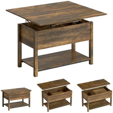 HOMCOM Table Basse relevable et Extensible, Table de Salon avec Plateau Pliant, Compartiment caché et étagère Ouverte, Style Moderne, pour Salon, Bureau, Manger, 100 x 45 x 50,5 cm, Brun Rustique