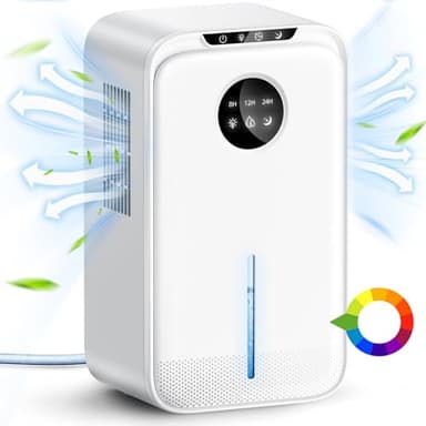 WAROUS Déshumidificateur Electrique Silencieux 2500ML avec Tuyau Auto Drain 24H Sommeil Timer LED 7 Colorées Arrêt Automatique Blanc pour Bain, Chambre à Coucher, Armoire
