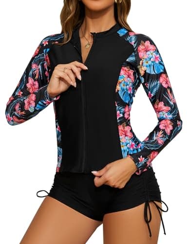 SHEKINI Ensemble 3 pièces de protection anti-UV pour femme à manches longues avec fermeture éclair - Haut de maillot de bain imprimé - Boyshort avec cordon de serrage latéral - Maillot de bain pour
