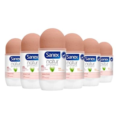 SANEX - Déodorant bille Natur Protect Aloe Vera Bio Peaux Sensibles 48 h 50ml - protège contre les odeurs pendant 48 heures - testé sous contrôle dermatologique - ne contient pas d’alcool* - Pack de 6
