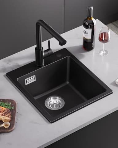 Sofetiy Evier Cuisine En Granit Noir, Evier 1 Bac 40x45cm, Évier De Cuisine Avec Siphon, Évier Rectangulaire Avec 2 Trous Pour Robinet, Facile À Nettoyer