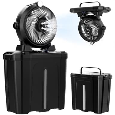 XTTANK Ventilateur Camping avec Seau de 11L & LED, 20000mAh Batterie Ventilateur Brumisateur Portable, 3 Vitesses, 3 Modes de Brumisation, Oscillation Verticale à 45°, Camping/Pêche/Voyage