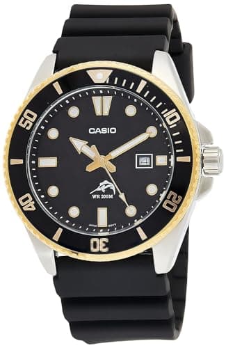 Casio MDV106-1AV 200 M WR Montre de plongée pour Homme Noir, doré, Adult, Montre à Quartz en Acier Inoxydable avec Bracelet en résine inspirée des plongeurs