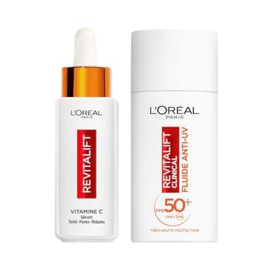 L’Oréal Paris - Coffret Routine Visage Anti-Âge à la Vitamine C - Sérum 12% Vitamine C Pure & Fluide Solaire Anti-UV FPS 50+ - Anti Rides - Revitalift Clinical