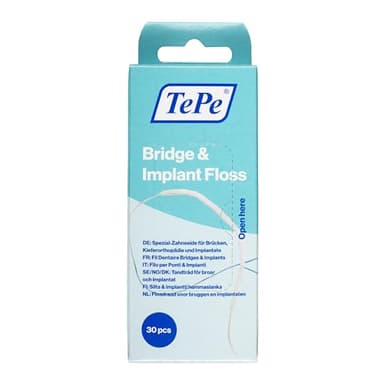 Fil dentaire TePe Bridge & Implant, 30pcs, fil dentaire large adapté aux appareils orthodontiques, aux bridges et aux implants, permet d'éliminer efficacement la plaque entre les dents.