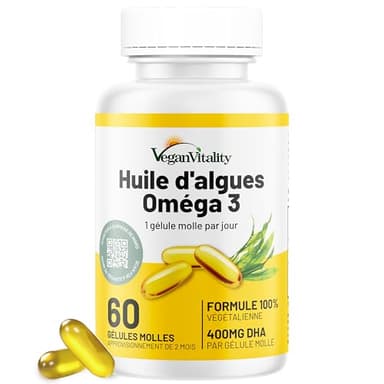 Omega 3 Vegan Huile d'algues 400 mg DHA par capsule, 60 capsules, soit 2 mois d'huile vegetale. Remplace huile de foie de morue, convient à tous les régimes vegan/végétariens.