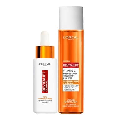 L'Oréal Paris - Routine Éclat Sérum 12% Vitamine C Pure + Peeling Toner Réducteur de Pores - Formule Enrichie en Vitamine C - Resserre les Pores et Illumine le Teint - Tous Types de Peau - Revitalift