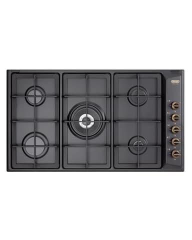De'Longhi ANL 59 PRO Plan de Cuisson à Gaz 90 Cm, 5 Brûleurs dont 1 Double Couronne, Acier Émaillé Noir, Grilles en Fonte, Boutons en Laiton Patiné, Design Country