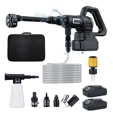 Nettoyeur Haute Pression à Batterie,Max 100 Bar avec 4000mah Batteries,Pulvérisateur de Mousse,6-en-1 Multi-Usage Buse et 180° Buse Pivotante pour Un Nettoyage de Jardin,Voiture ﻿ ﻿ (2 Batterie)