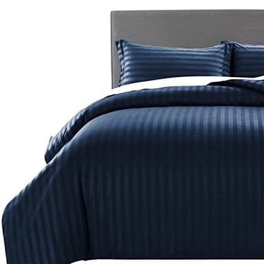MOONLIGHT20015 Parure de lit king size avec housse de couette réversible à rayures en satin avec 2 taies d'oreiller, ensembles de literie doux et hypoallergéniques (Bleu marine 230x220)