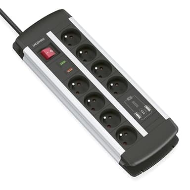 Bloc Multiprise 8 Prises avec Interrupteur, Parafoudre, Chargeur Rapide USB C et A 20W, Protection Contre Les Surtensions et Les Surcharges, Rallonge Electrique de 1,5m, Multiprise Bureau, Murale