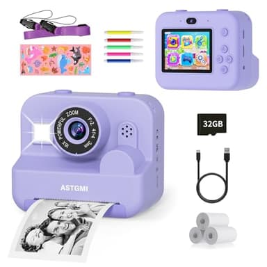 ASTGMI Appareil Photo Instantané, 2.4" Écran Appareil Photo Enfant avec Papier d'impression et Carte 32GB, Mode Selfie et Video, Cadeau Jouet pour Enfant Garçons Filles de 3-14 Ans (Violet)