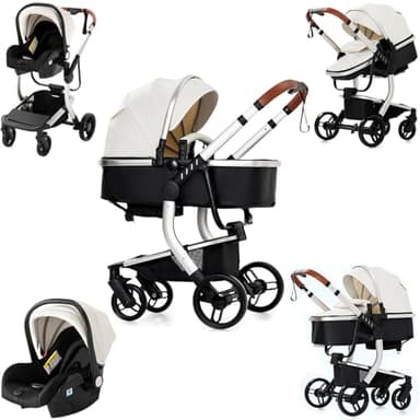 Nine point nine Cuir PU Poussette 3 en 1, Poussette Bebe avec Double Modes de Poussée Réversibles, Poussette Canne avec Grande Nacelle Confortable, Pousette Cadre Aluminium Haute Paysage (518 White)