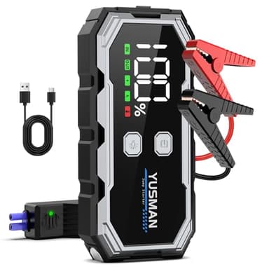 YUSMAN Booster Batterie Voiture 3000A, Demarreur Batterie Voiture (Jusqu’à 7L Essence & 5L Diesel),12V Jump Starter, Booster Batterie avec Clip d'affichage Intelligent, Lumière LED, Écran LCD