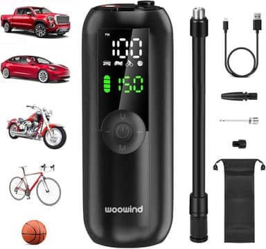 Woowind LP1 Gonfleur Pneus Voiture,150PSI Pompe a Velo,Compresseur à Air Portatif pour Voiture, Vélo, Arrêt Automatique avec Valve Presta et Schrader